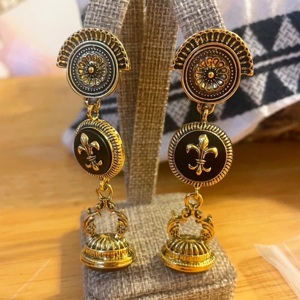 French Museum Earrings Fleur De Lis with Oxblood Stones